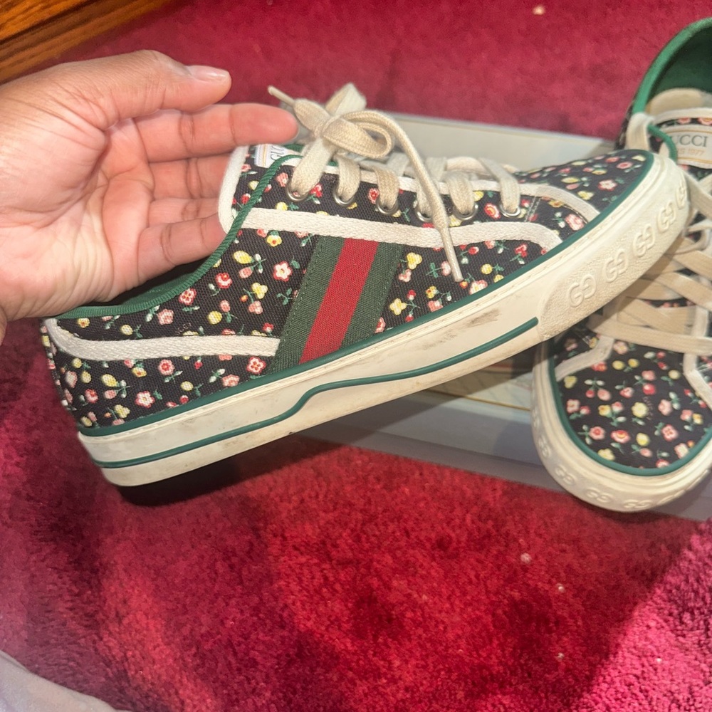Gucci Sepang Holly Print Canvas Sneakers Tennis 1977 Size 9 Black Peach